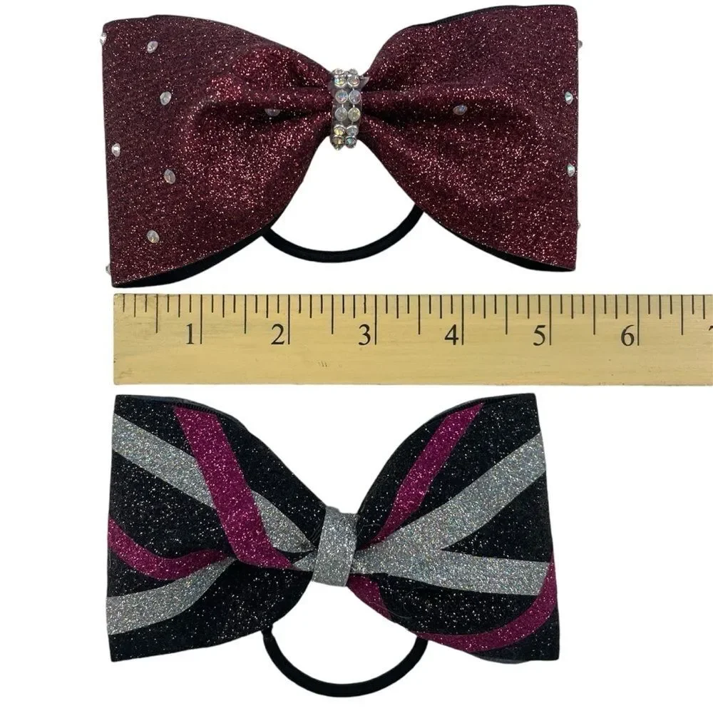 Cheer Hair Bows Set of 2 Elastic Band Burgundy Black Pink Silver Girl's Small